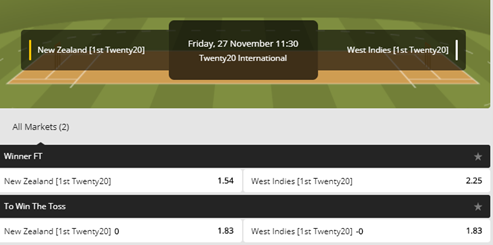 Betting odds on New Zealand vs West Indies 1st T20I