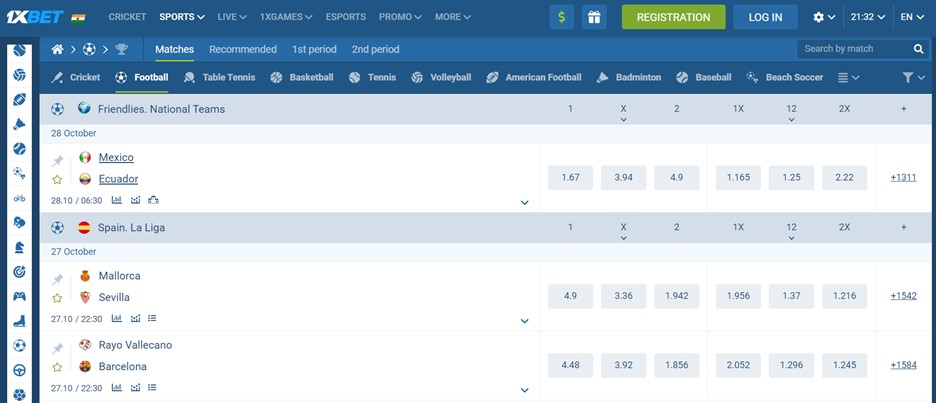 1xbet football market
