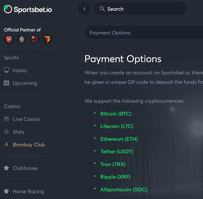 Payment options showing crypto types at sportsbet.io