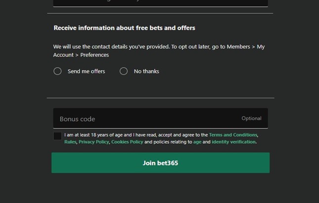 bet365 promo code box