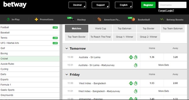 betway betting screen with markets and odds