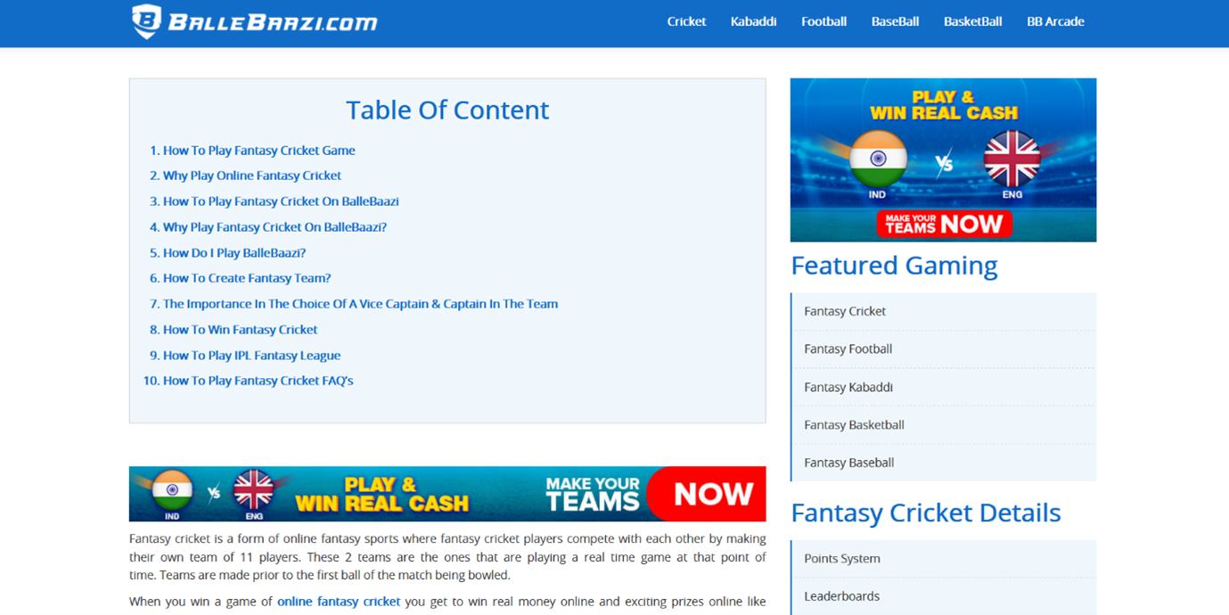 BalleBaazi Table of contents screenshot