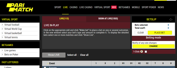Pari Match Live Betting Screen