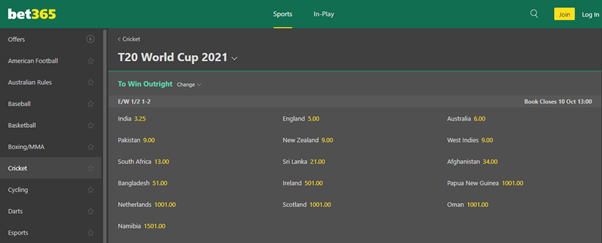 bet 365 cricket outright winner