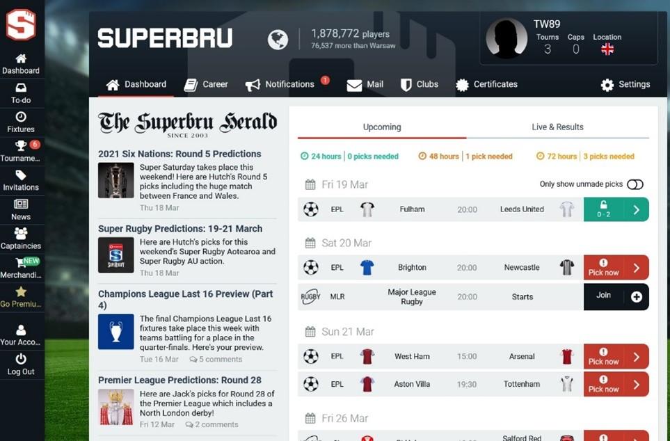 A screenshot from Superbru Tournaments