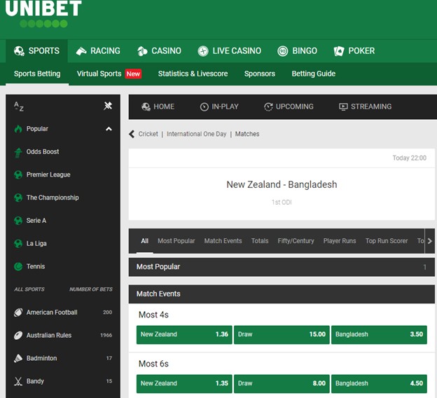 Unibet cricket market screenshot