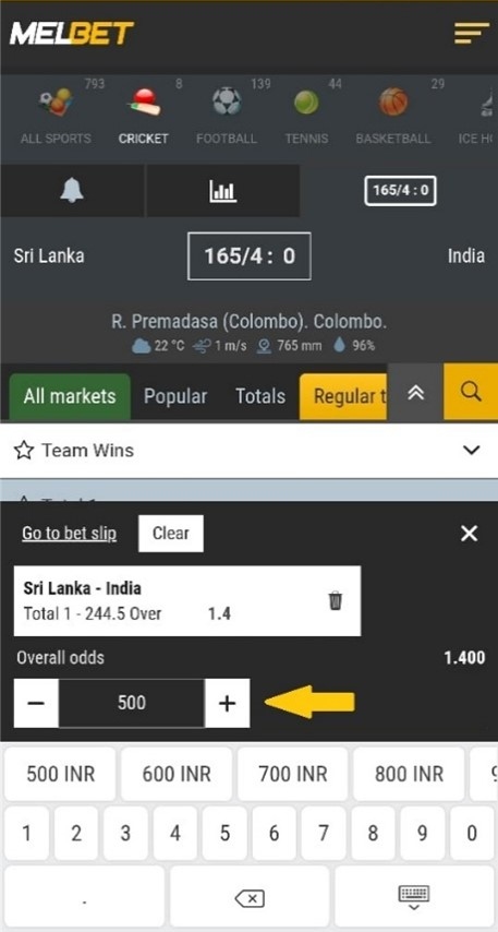 Melbet mobile app entering stake amount on bet