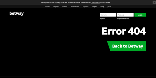 Betway error screen in Black