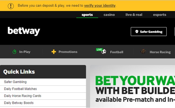 Betway Homepage with verification pop-up