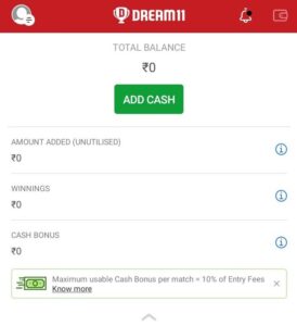 Depositing money on dream11