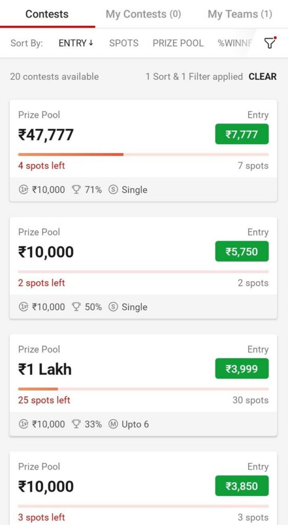 cricket contest on Dream 11