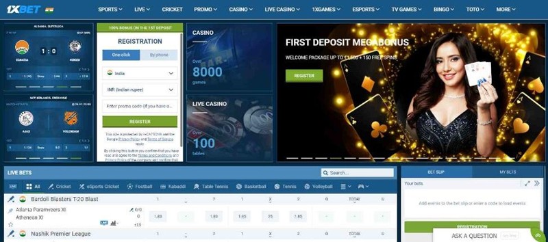 A screenshot of 1xbet's homepage