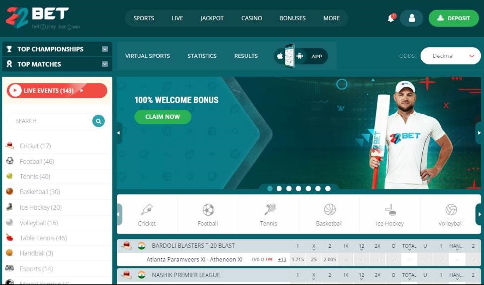 a screenshot of 22bet's welcome offer