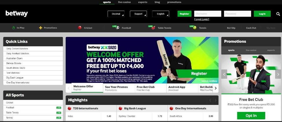 A screenshot of Betway's Homepage