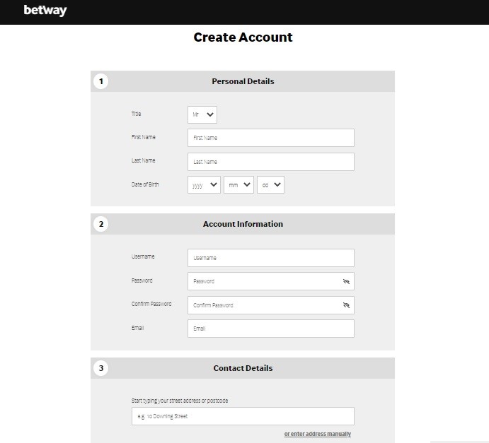 Registration screen at a betting site