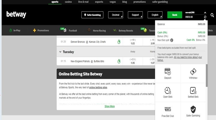 betway homepage with menu