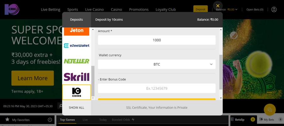 A list of deposit methods available on 10cric