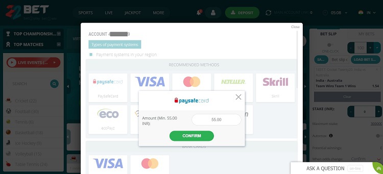 22bet Paysafe minimum amount