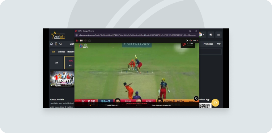 A screenshot of Jeetwin livestreaming cricket match