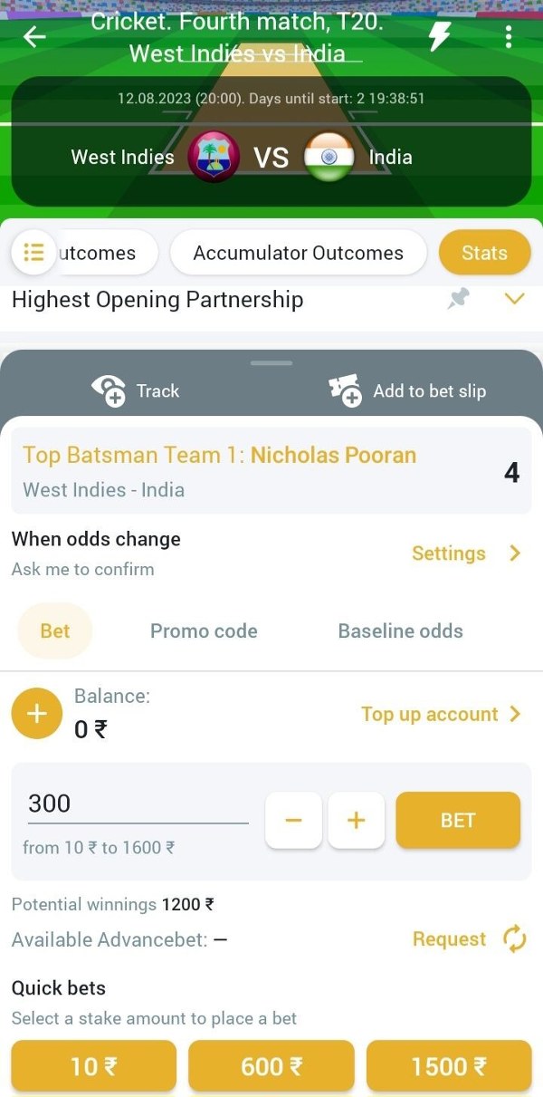 A screenshot of melbet app placing a bet