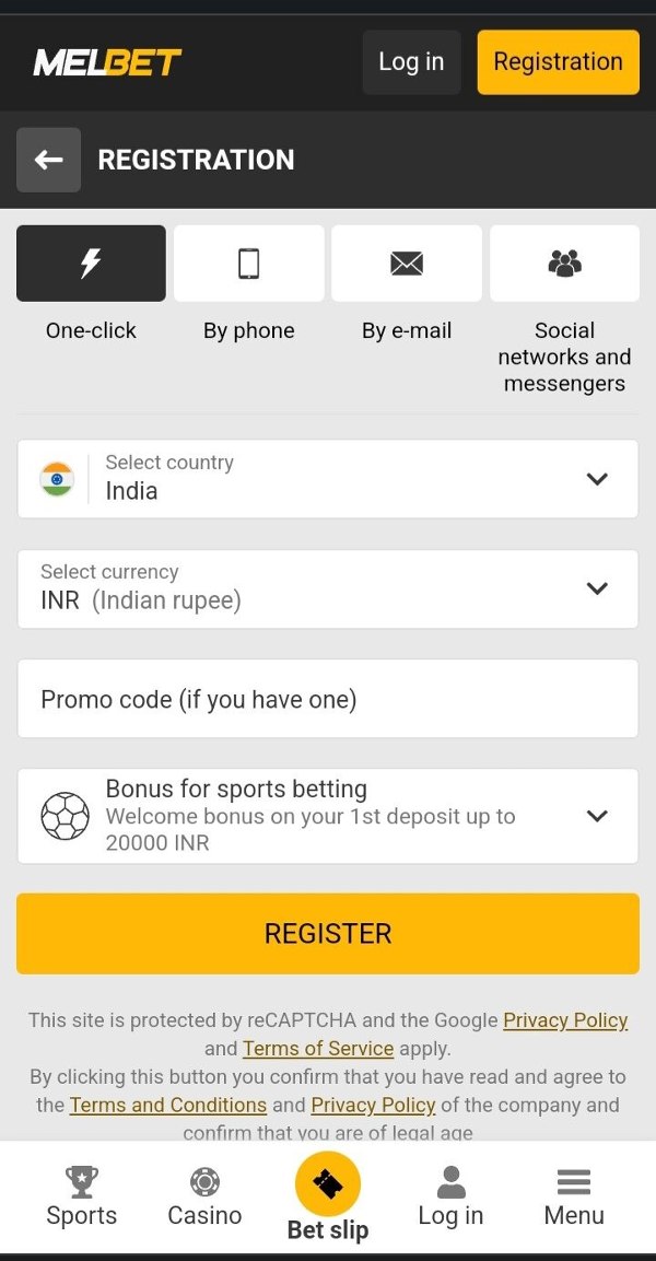 A screenshot of the registration process on melbet app