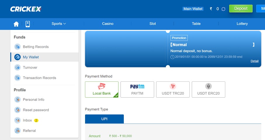 deposit payment method crickex