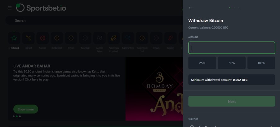 Withdrawing window on sportsbet.io website