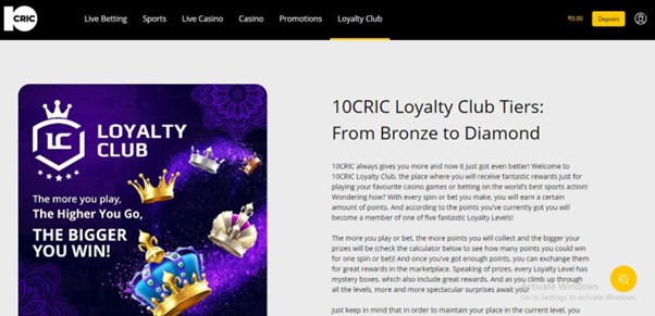 A screenshot of loyalty club on 10cric