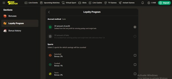 A screenshot of the loyalty program on Parimatch