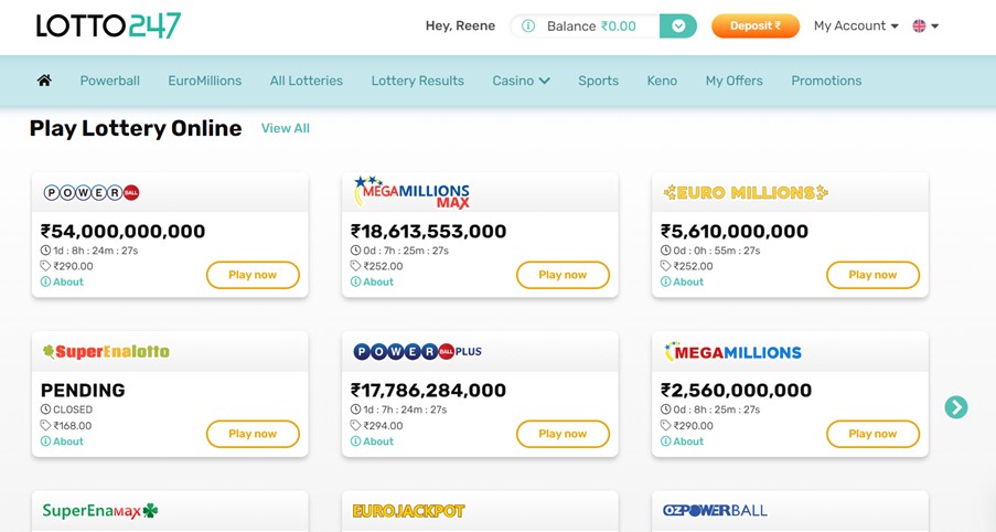 A list of lotteries available on Lotto247 Website