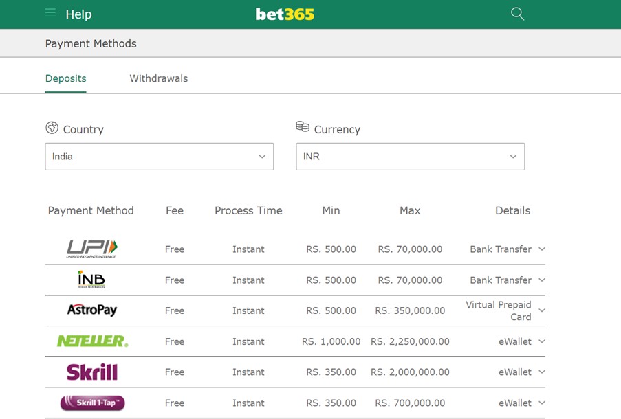 bet365 deposit methods