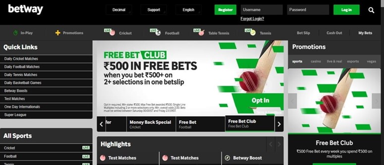 A screenshot of betway's homepage