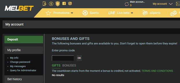 Melbet bonus input screen