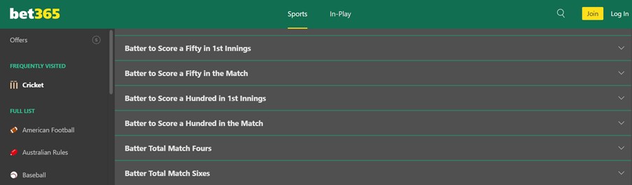 Variety of betting markets for batsmen on bet365