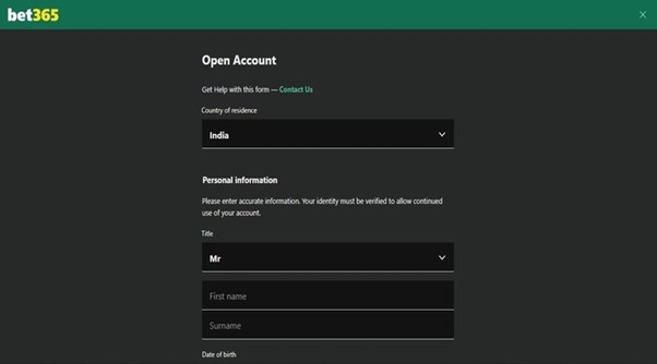 bet365 sign up screen with prompts