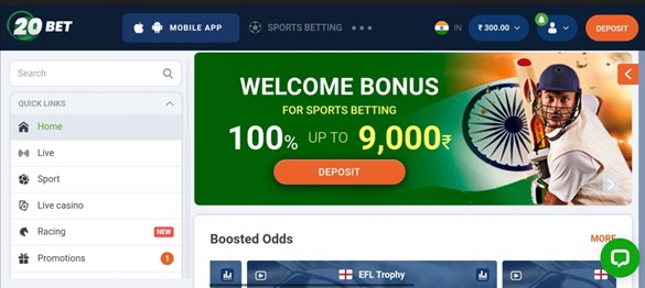 Welcome Bonus on 20bet homepage