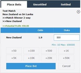 Cricket betslip on Indibet website