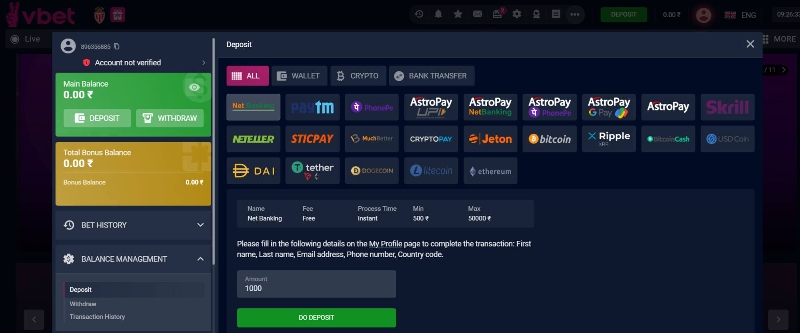 vbet deposit methods