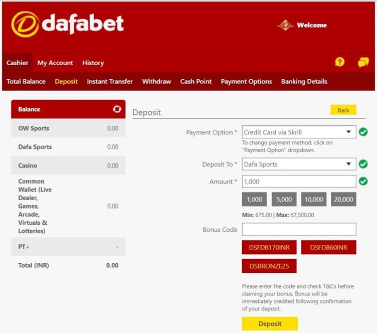 Dafabet Credit card deposit