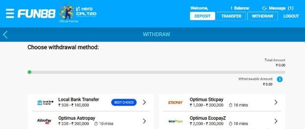Fun88 withdrawal method