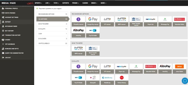 Recommended payment methods on Megapari