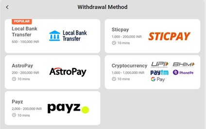 A list of withdrawal methods available on Fun88