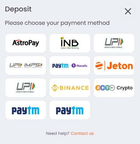 A list of deposit methods available on Jungliwin including Astropay and Paytm