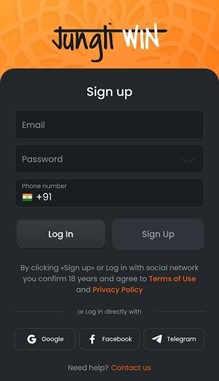 Sign up window on Jungliwin mobile app