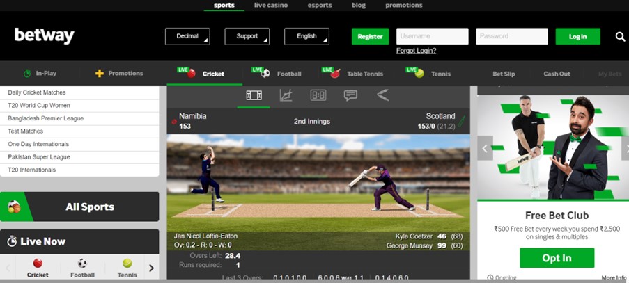 Homepage on Betway Website