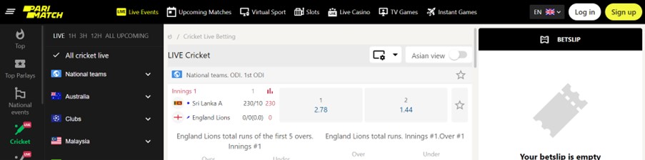 Cricket market on Parimatch Website
