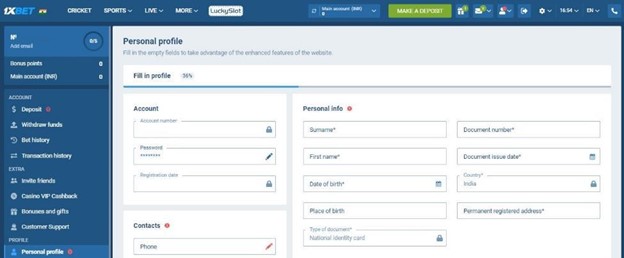 Personal Profile Fields on 1xbet website