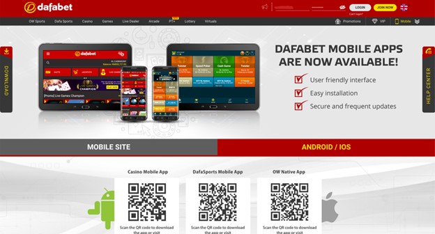 Mobile app ad on dafabet website