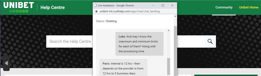 Live assistance chat on Unibet website