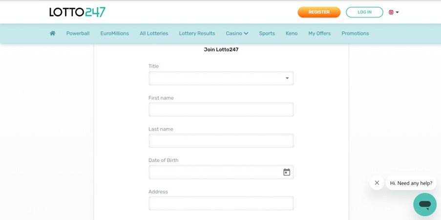 Registration window on Lotto247 website